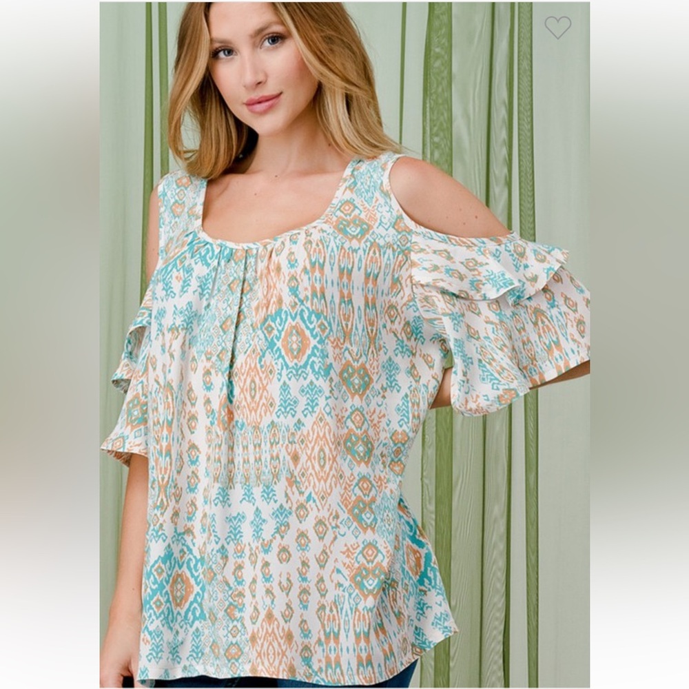 Crepas Turquoise Tan Ivory Cold Shoulder Top